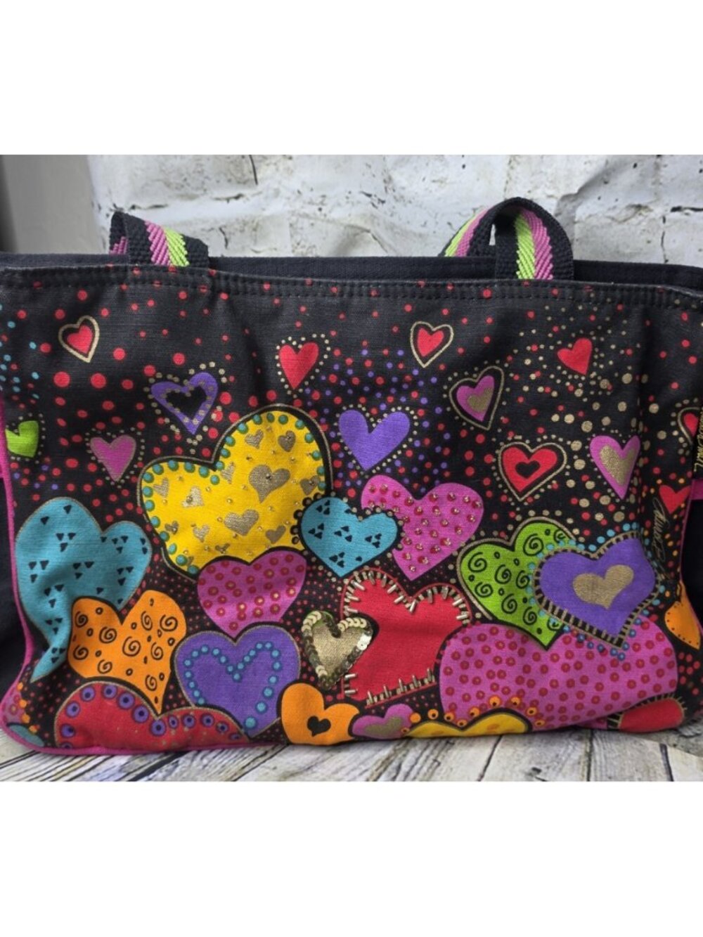 TRAVEL Tote LAUREL BURCH Hearts Sequin Bling Beaded Zip Close and Pocket